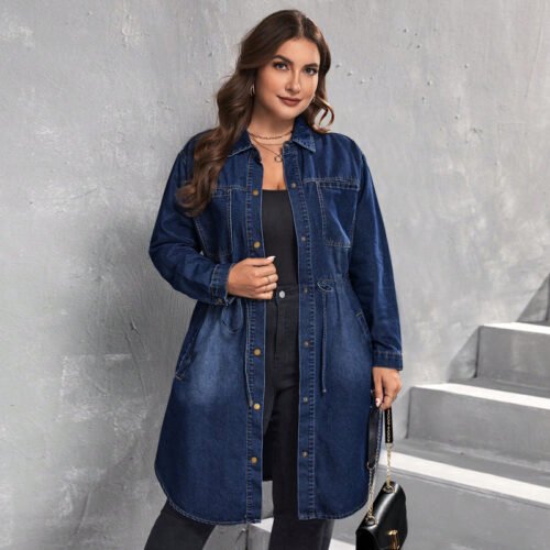 Plus Size Tight Waist Denim Shirt Coat – Fall & Winter