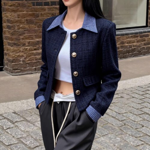 Color Contrast Check Collared Slim Short Coat