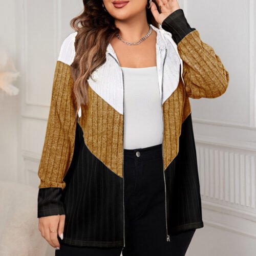 Plus Size Striped Contrast Color Casual Cardigan Coat