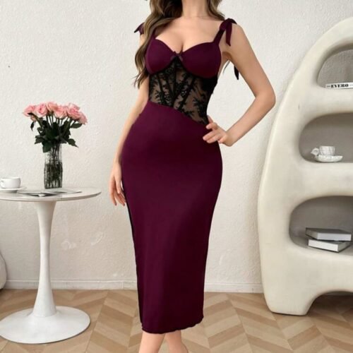 Lace See-Through Corset Dress with High Slit