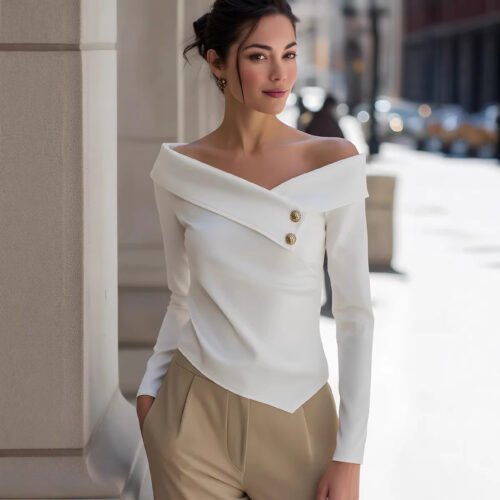 Diagonal Collar Long Sleeve Casual T-Shirt