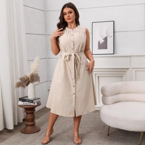 Elegant Slim Button Sleeveless Spring Summer Dress