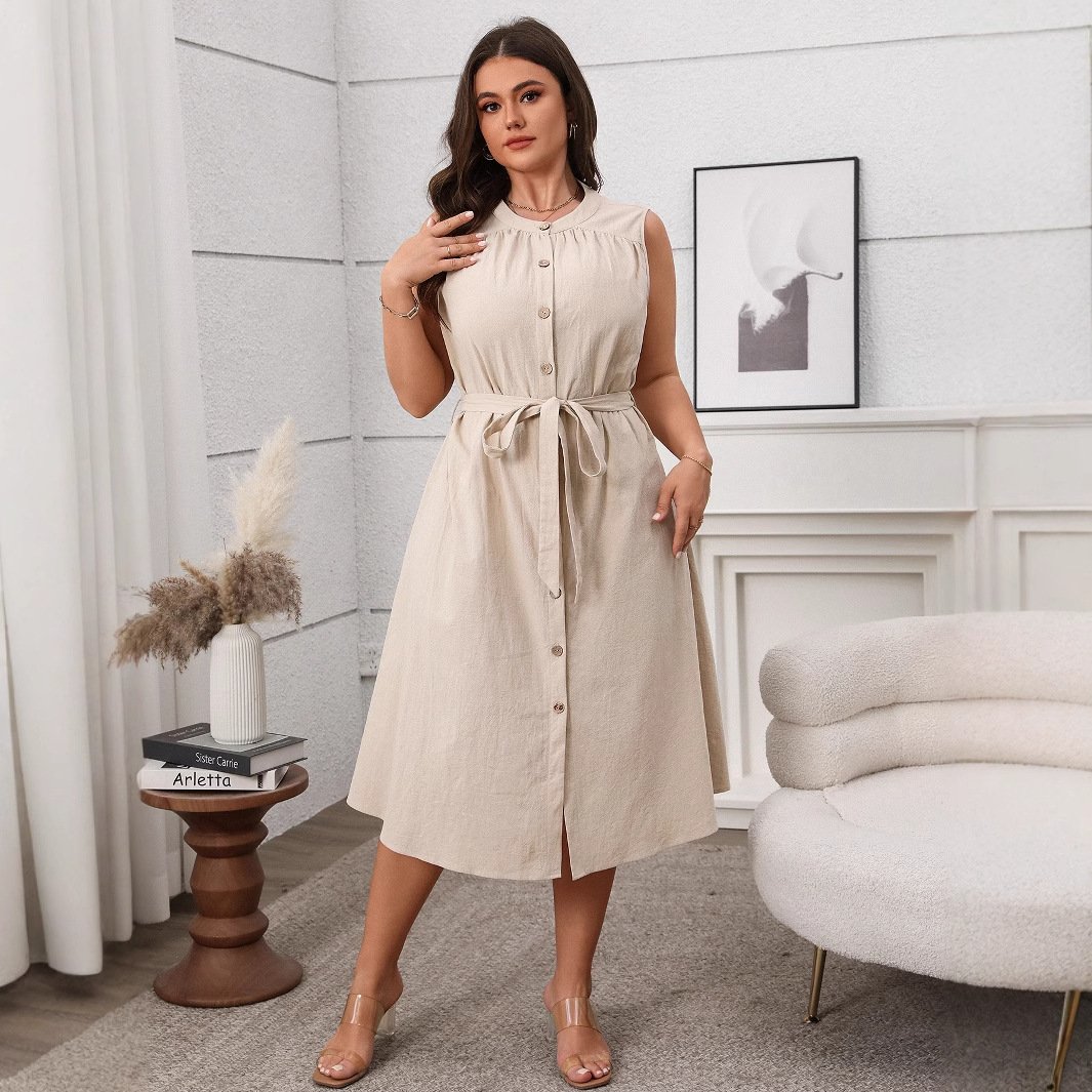 Elegant Slim Button Sleeveless Spring Summer Dress