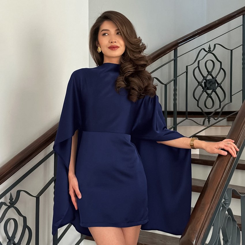 Asymmetric Turtleneck Waist Slim Short Dress