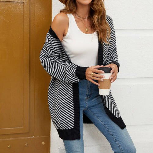 Striped Contrast Long Knit Cardigan Coat