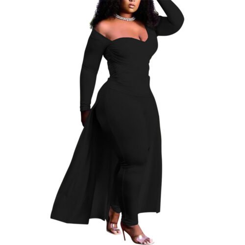 Plus Size Sexy Asymmetric Wrap-Chest Blouse & Pants Solid Color Two-Piece Set