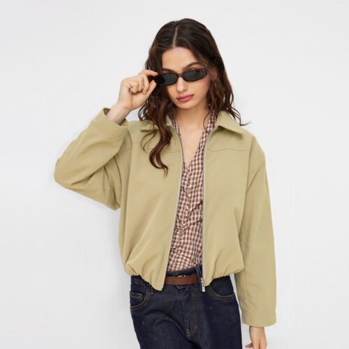 Khaki Office Zipper Work Jacket for Women