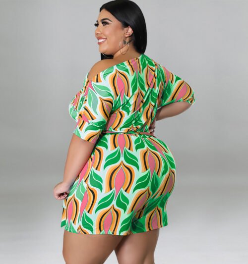 Plus Size Cross-Shoulder Printed Romper with Belt