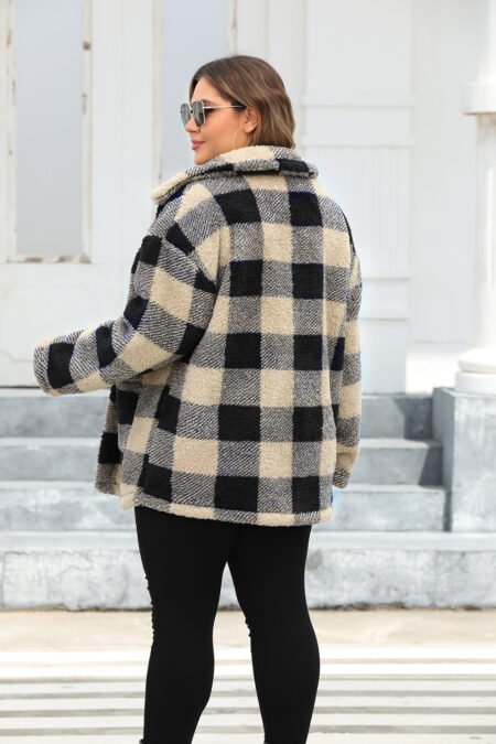 Plus Size Thickened Plaid Fleece Coat with Turn-Down Collar