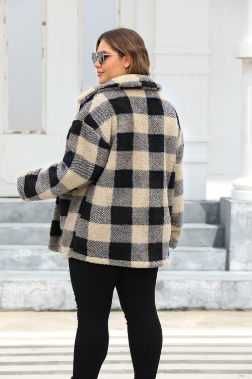 Plus Size Thickened Plaid Fleece Coat with Turn-Down Collar