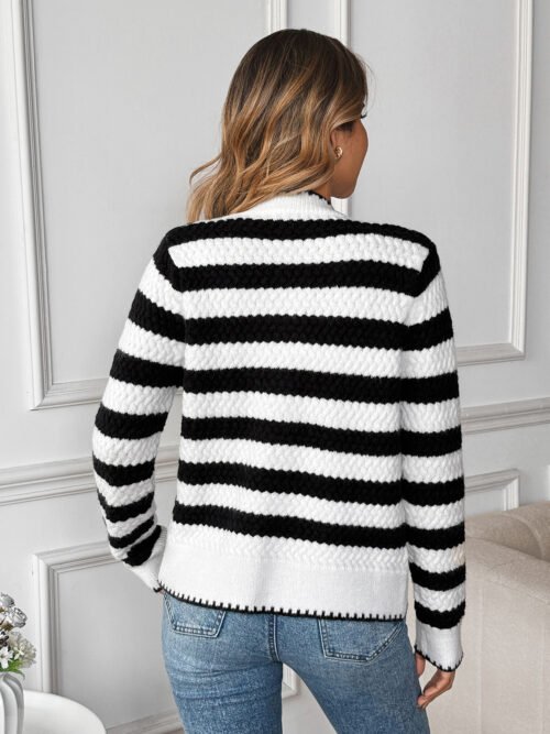 Black White Striped Long Sleeve Knit Cardigan