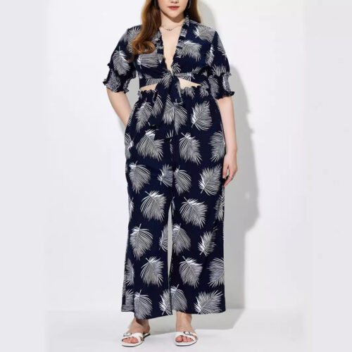 Plus Size Hawaiian Print Short Sleeve Top & Pants Summer Two-Piece Set
