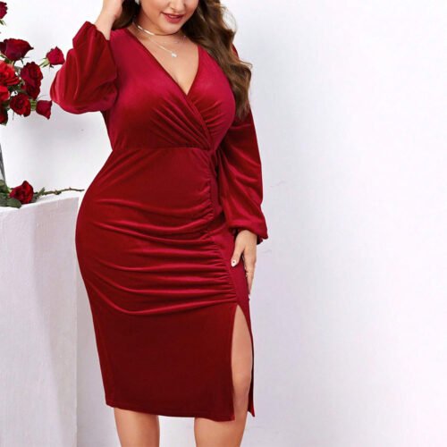 Plus Size V-Neck Tight Waist Sheath Dress