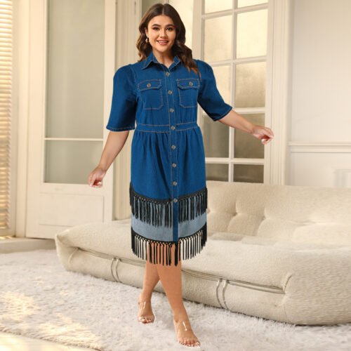 Plus Size Collared Two-Tone Denim Tassel Maxi Dress