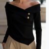 Diagonal Collar Long Sleeve Casual T-Shirt