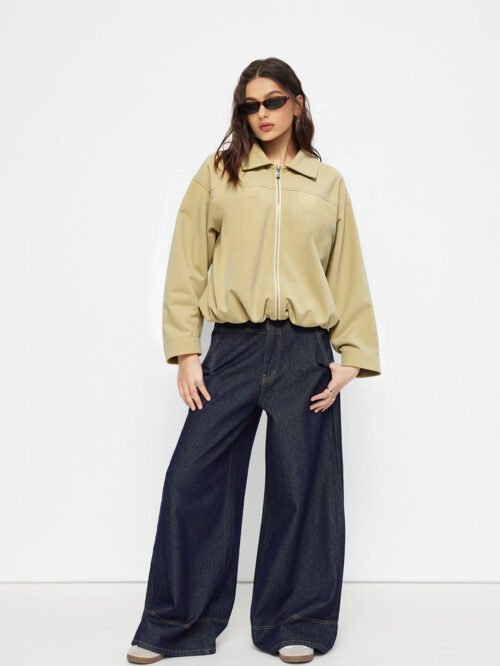 Khaki Office Zipper Work Jacket for Women