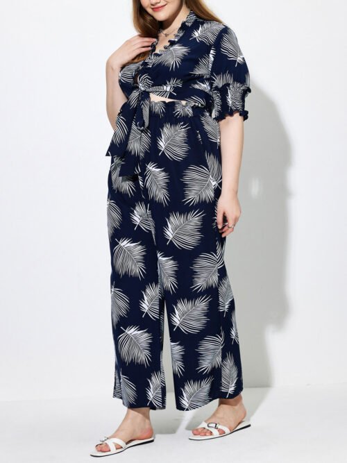 Plus Size Hawaiian Print Short Sleeve Top & Pants Summer Two-Piece Set