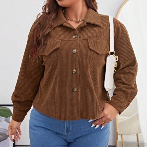 Plus Size Casual Corduroy Collared Short Jacket