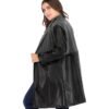 Plus Size Black Faux Leather Slim Fit Coat with Stand-Up Collar