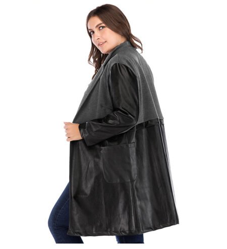 Plus Size Black Faux Leather Slim Fit Coat with Stand-Up Collar
