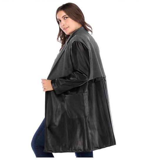 Plus Size Black Faux Leather Slim Fit Coat with Stand-Up Collar