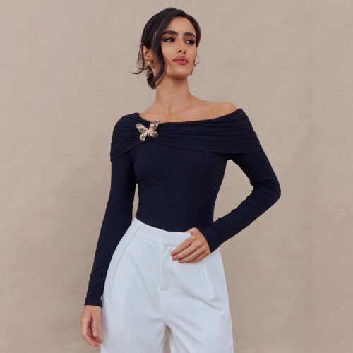 Off Shoulder Butterfly Brooch Slim Fit Top