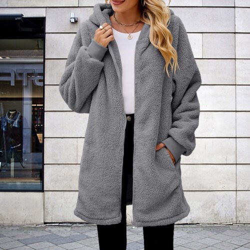 Plus Size Winter Plush Hooded Zipper Jacket