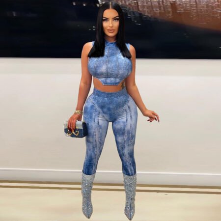 Plus Size Sexy Imitation Denim Print Two-Piece Fashion Suit