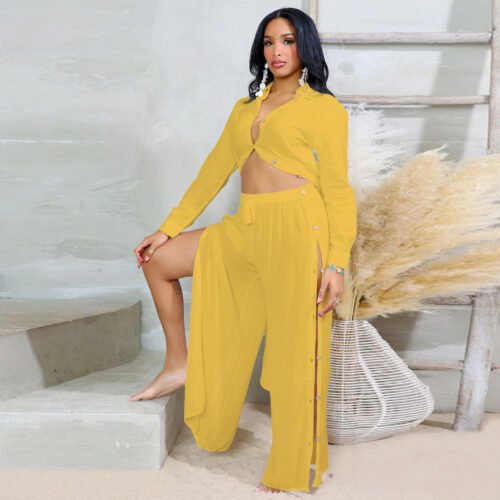 Solid Color Buttoned Blouse & Pants Set