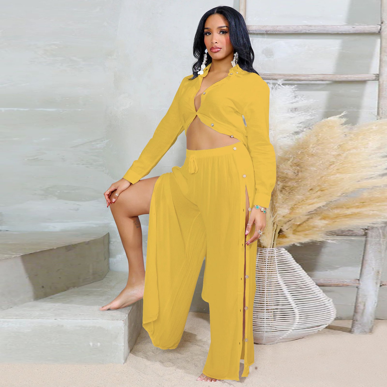 Solid Color Buttoned Blouse & Pants Set