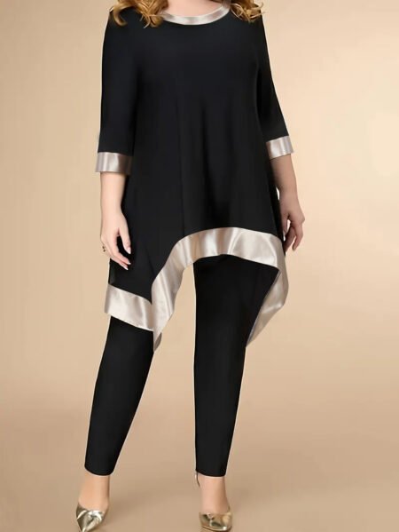 Plus Size Asymmetric Mid-Sleeve Top & Casual Pants Spring-Autumn Set