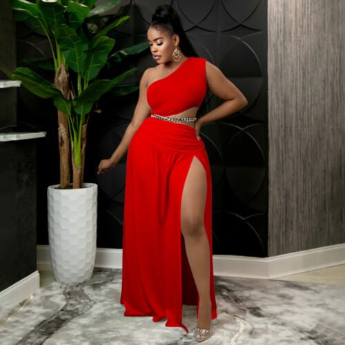 Sexy Plus Size Off-Shoulder Split Skirt Set