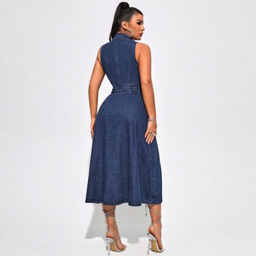 Women’s Sleeveless Nipped Waist Split Denim Dress