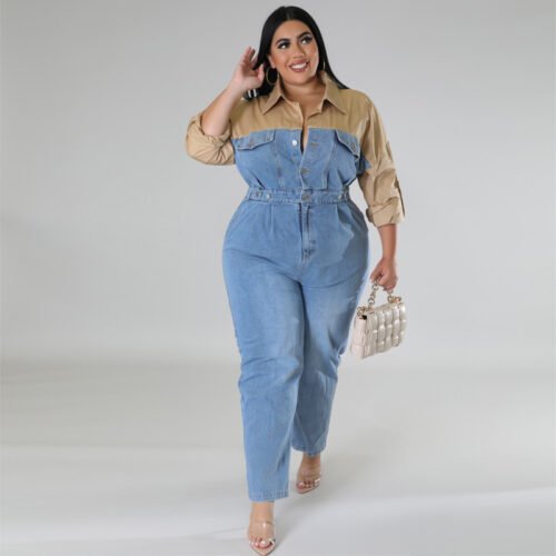 Plus Size Contrast Denim Jumpsuit – Modern Casual Chic