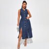 Women’s Sleeveless Nipped Waist Split Denim Dress