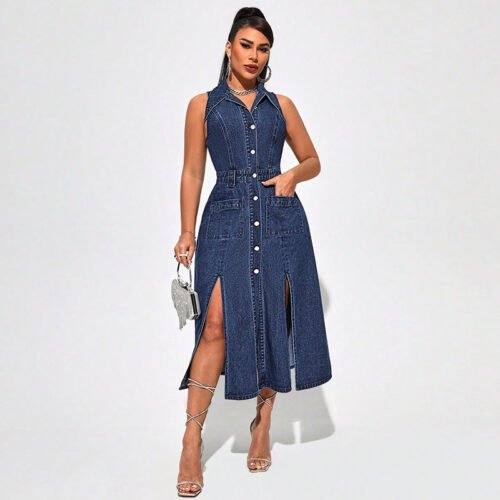 Women’s Sleeveless Nipped Waist Split Denim Dress