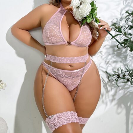 Plus Size Lace Embroidered Mesh Lingerie Set