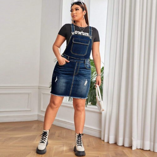Plus Size Casual Denim Suspender Dress