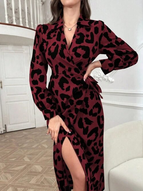 Satin Leopard Print Split Maxi Dress