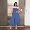 Elegant Office Denim Contrast Stitching A-Line Overall Waist Dress