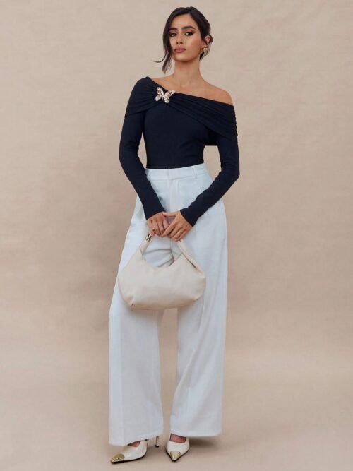 Off Shoulder Butterfly Brooch Slim Fit Top