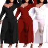 Plus Size Sexy Asymmetric Wrap-Chest Blouse & Pants Solid Color Two-Piece Set