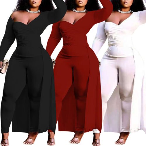 Plus Size Sexy Asymmetric Wrap-Chest Blouse & Pants Solid Color Two-Piece Set