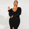 Plus Size Split V-Neck Hip Long Sleeve French Dress