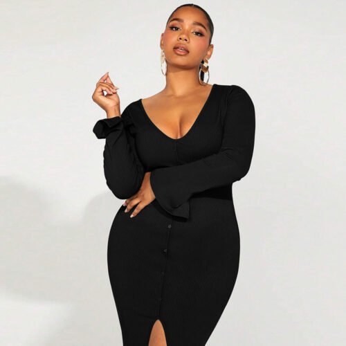 Plus Size Split V-Neck Hip Long Sleeve French Dress