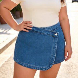 Plus Size Irregular Asymmetric Denim Pantskirt with Elastic Waist