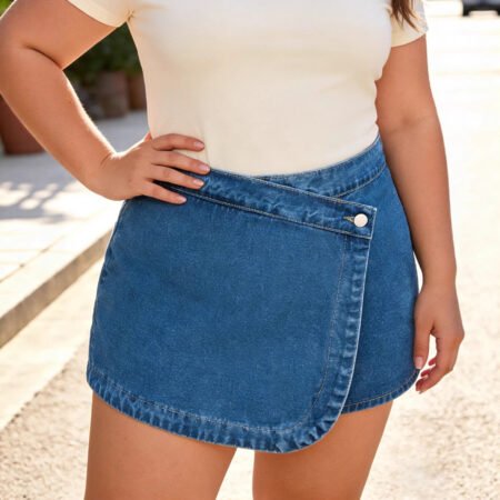 Plus Size Irregular Asymmetric Denim Pantskirt with Elastic Waist
