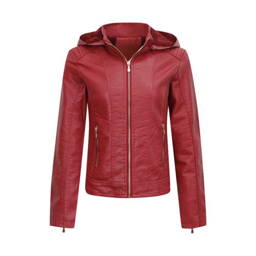 Plus Size Fleece-Lined Faux Leather Hooded Slim Jacket