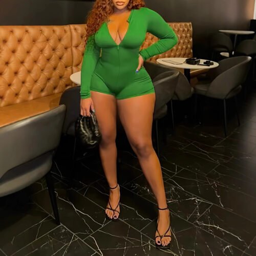 Plus Size Slim Fit Zipper Jumpsuit with Long Sleeves