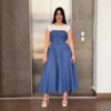 Elegant Office Denim Contrast Stitching A-Line Overall Waist Dress